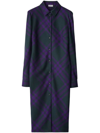 Shop Burberry Checked Wool Shirtdress In Pink & Purple