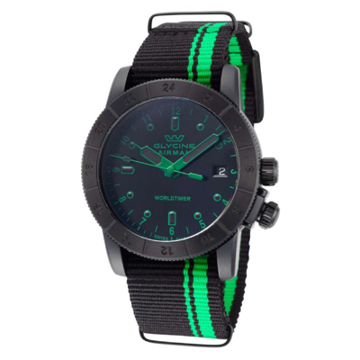 Shop Glycine Airman Contemporary Worldtimer Quartz Black Dial Men's Watch Gl1041 In Black / Green