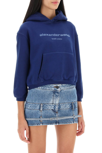 Shop Alexander Wang Cropped Hoodie With Glitter Logo In Dark Navy Combo (blue)