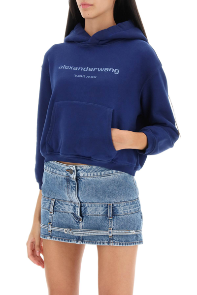 Shop Alexander Wang Cropped Hoodie With Glitter Logo In Dark Navy Combo (blue)
