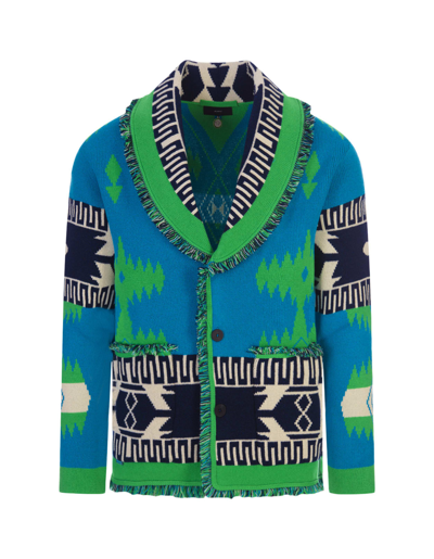 Shop Alanui Icon Jacquard Cardigan In Blue - Green Flash