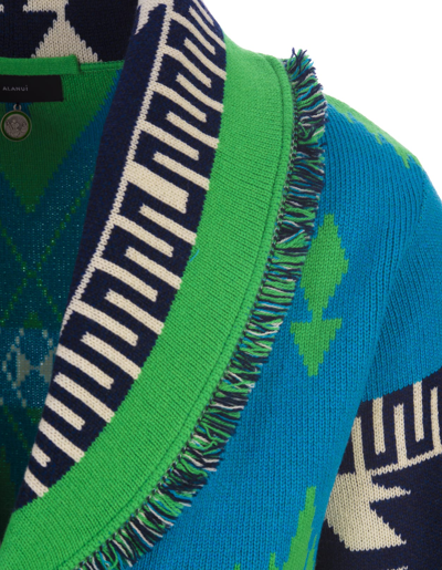 Shop Alanui Icon Jacquard Cardigan In Blue - Green Flash