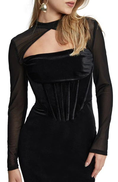Shop Bardot Castila Cutout Long Sleeve Corset Bodice Velvet Dress In Black