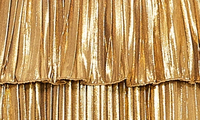 Shop Mac Duggal Pleated Metallic Halter Gown In Gold
