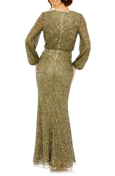 Shop Mac Duggal Beaded Long Sleeve Gown In Olive