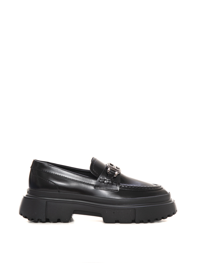 Hogan 10-storey Smooth Leather And Workwear Sole Loafers Shoes In Black