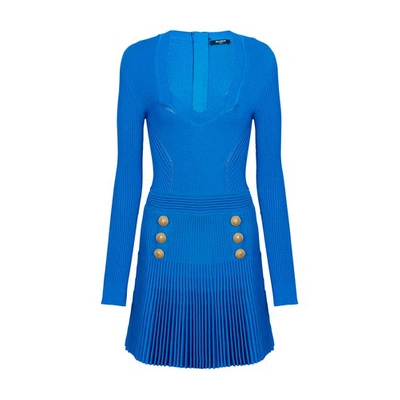 Shop Balmain Short Ribbed Knit Dress In Blue