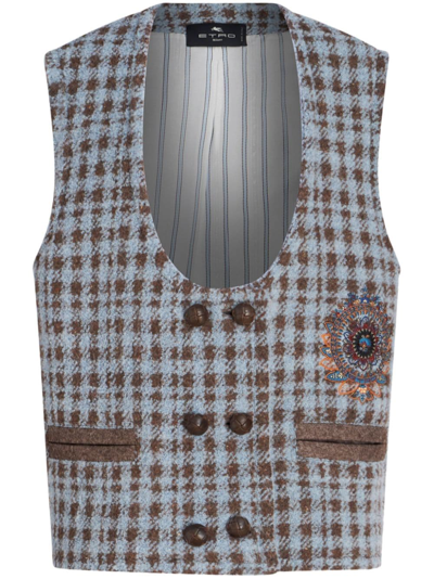 Shop Etro Checked Wool Blend Vest In Blue