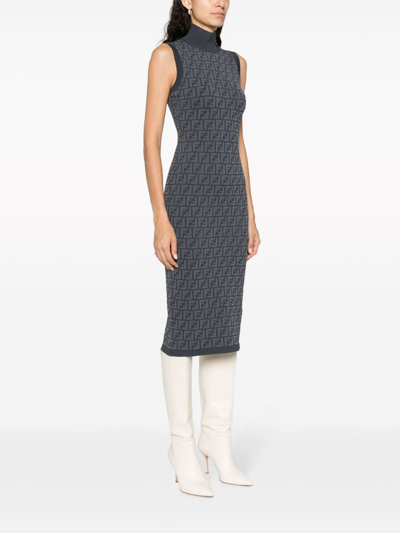 Shop Fendi Ff Sleveless Midi Dress In Grey
