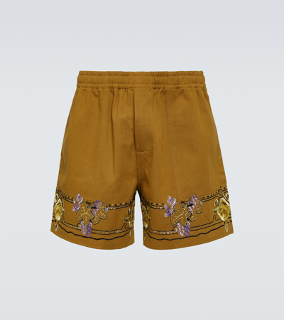 Shop Bode Embroidered Cotton Shorts In Brown