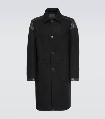 Shop Prada Leather-trimmed Wool-blend Coat In Black