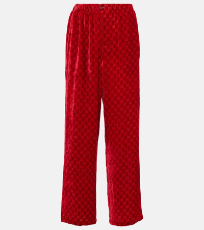 Shop Gucci Gg Velvet Devoré Wide-leg Pants In Red