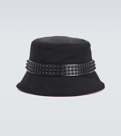 Shop Christian Louboutin Bobino Spikes Canvas Bucket Hat In Black