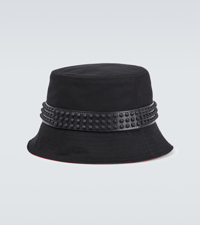 Christian Louboutin Bobino Spikes Leather-trimmed Cotton-canvas Bucket Hat In Black