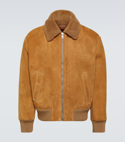 Shop Prada Shearling-trimmed Suede Bomber Jacket In Beige