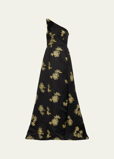 Shop Marchesa Notte One-shoulder Floral-embroidered Satin Gown In Black Gold