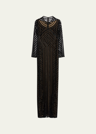 Shop Naeem Khan Geometric Bead-embellished Column Gown In Black
