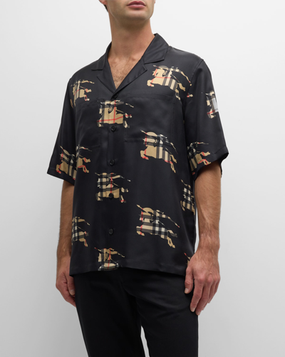 Shop Burberry Men's Prestonwood Silk Check Ekd Camp Shirt In Black Ip Print