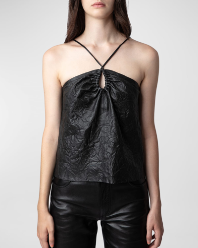 Shop Zadig & Voltaire Cidonie Crinkled Leather Top In Noir