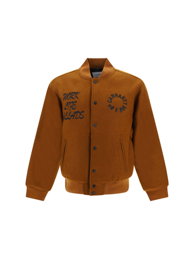 Shop Carhartt Varsity Bomber Jacket In Deep Brown