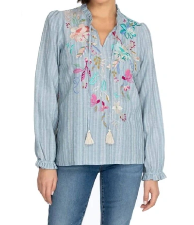 Shop Johnny Was Nico Ruffle Scarf Back Blouse In Stripe In Blue