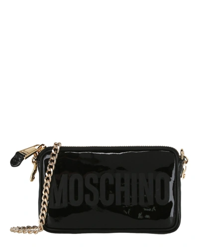 Shop Moschino Patent Leather Logo Shoulder Bag In Black
