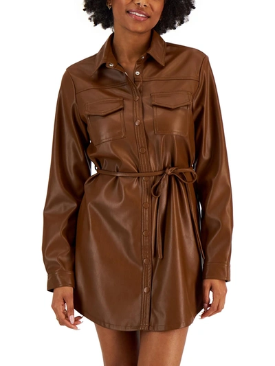 Shop Kit & Sky Womens Faux Leather Snap Front Shirtdress In Brown