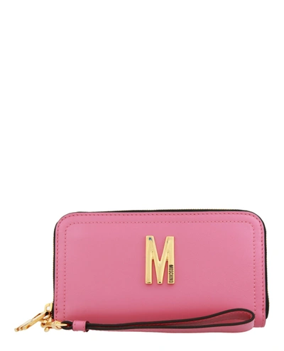 Shop Moschino Logo Leather Zip Wallet In Pink