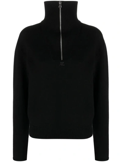Shop Courrèges Half-zip Sweater With Logo Patch In Black