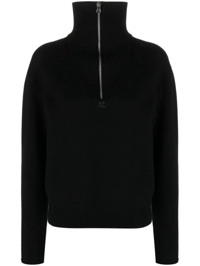 Courrèges Half-zip Sweater With Logo Patch In Black
