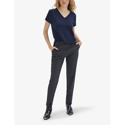 Shop Ikks Women's Navy Contrast-neck Short-sleeve Stretch-woven T-shirt