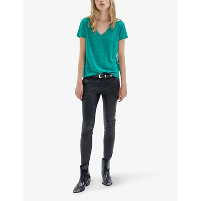Shop Ikks Women's Green V-neckline Short-sleeve Linen T-shirt