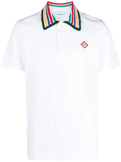 Shop Casablanca `primary Stripe` Knit Collar Classic Polo Shirt In White
