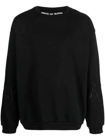 Shop Vision Of Super Crew-neck Sweatshirt With Flames In Black  