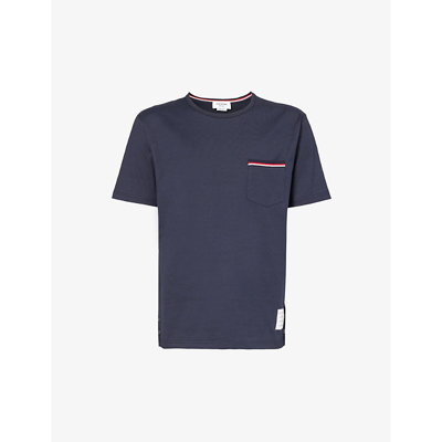 Shop Thom Browne Mens Navy Chest-pocket Regular-fit Cotton-jersey T-shirt