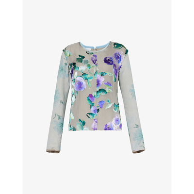Shop Dries Van Noten Floral-print Scoop-neck Silk-blend Shirt In Light Grey