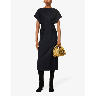 Shop Dries Van Noten Pleat-embellished Sleeveless Wool Midi Dress In Navy