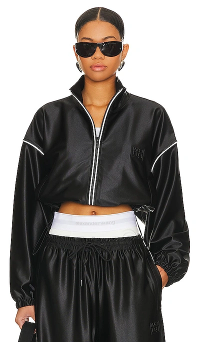 Shop Alexander Wang Cropped Track Jacket With Stacked Wang Puff Logo In Black