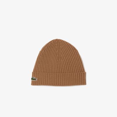 Lacoste Unisex Ribbed Wool Beanie - One Size In Brown