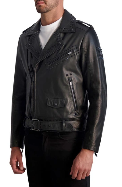 Shop Karl Lagerfeld Studded Leather Biker Jacket In Black