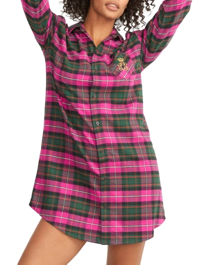Shop Lauren Ralph Lauren His Shirt Woven Brushed Cotton Sleep Shirt In Pink Plaid