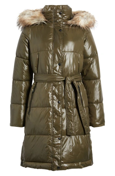 Shop Sam Edelman Belted Puffer Coat With Faux Fur Trim Hood In Tuscan Olive