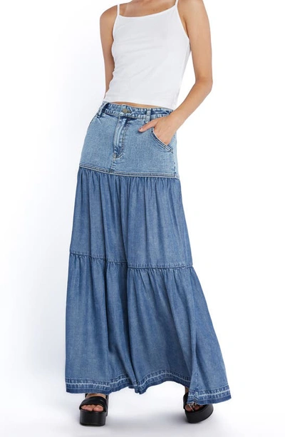 Shop Wash Lab Denim Contrast Tiered Denim Maxi Skirt In Denim Love