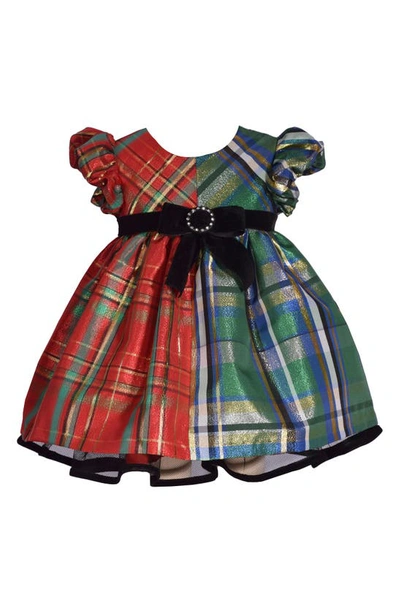 Shop Gerson & Gerson Kids' Metallic Two-tone Plaid Babydoll Dress In Red And Green