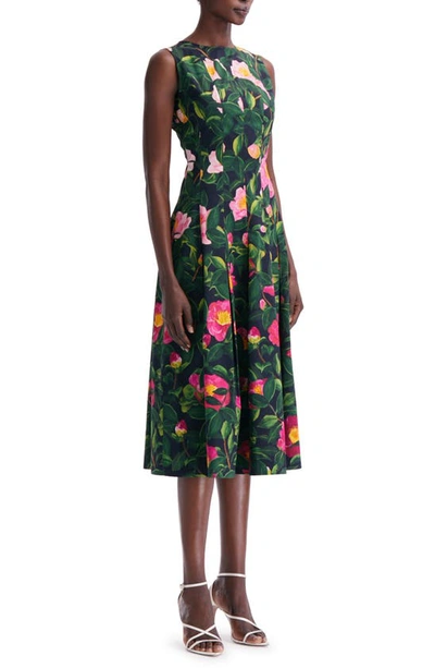 Shop Oscar De La Renta Camellia Print Sleeveless Stretch Poplin Dress In Pink/ Navy