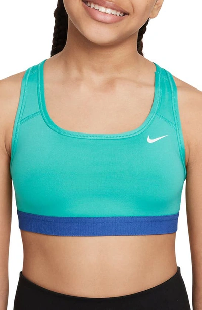 Shop Nike Dri-fit Swoosh Sports Bra In Clear Jade/ Royal/ White