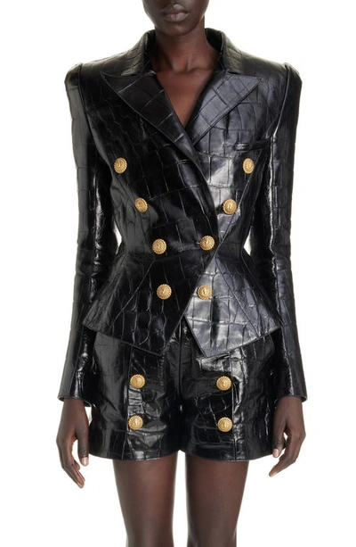 Shop Balmain Eight-button Croc Embossed Leather Jacket In 0pa Black