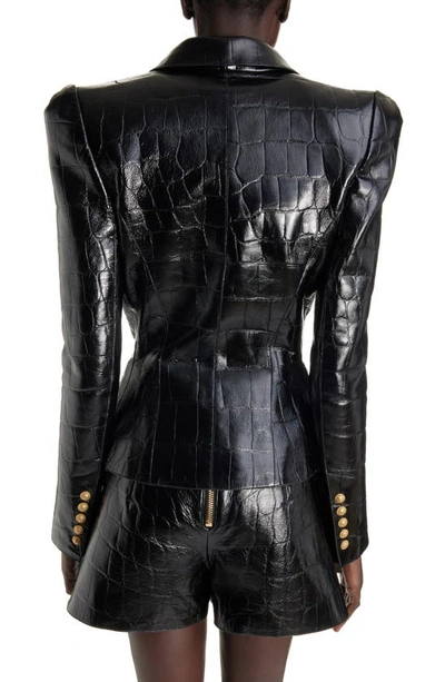 Shop Balmain Eight-button Croc Embossed Leather Jacket In 0pa Black