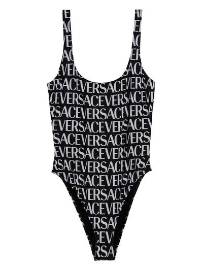 Shop Versace All Over Logo One-piece Swimsuit Beachwear White/black