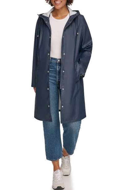 Shop Levi's Water Resistant Hooded Long Rain Jacket In Navy
